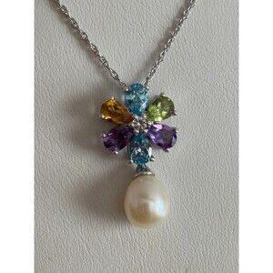 Multicolor Gemstones and Cultured Pearl Sterling Silver 925 RL Necklace